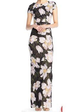 Adrianna Papell Black Floral Long Sleeve Evening Gown